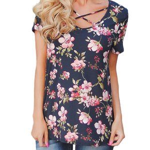 NAVY BLUE CRISSCROSS NECK FLORAL SUPER SOFT TEE